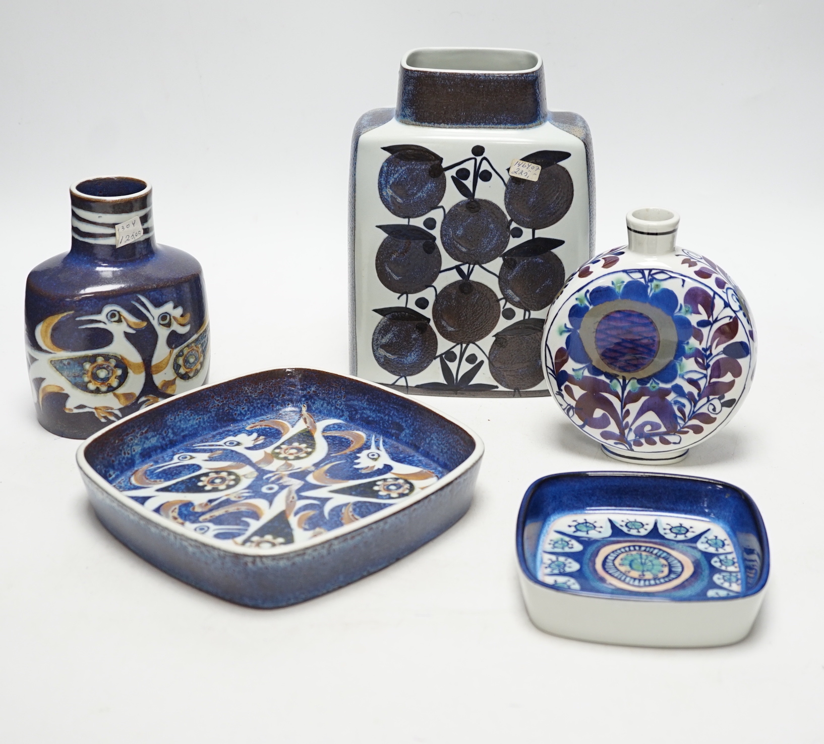 A Royal Copenhagen rectangular section fajance vase and a smaller similar bird decorated vase a circular floral vase and two varying sized square dishes, tallest vase 19cm high